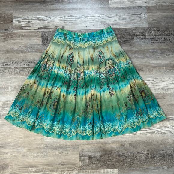 Vintage Boho Silk Blend Skirt Green Blue Floral Tie Dye Pleated Midi Size 8 - Picture 1 of 9